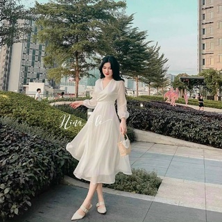 ĐẦM TRẮNG TAY DÀI THẮT NƠ EO VOAN TƠ LỤA