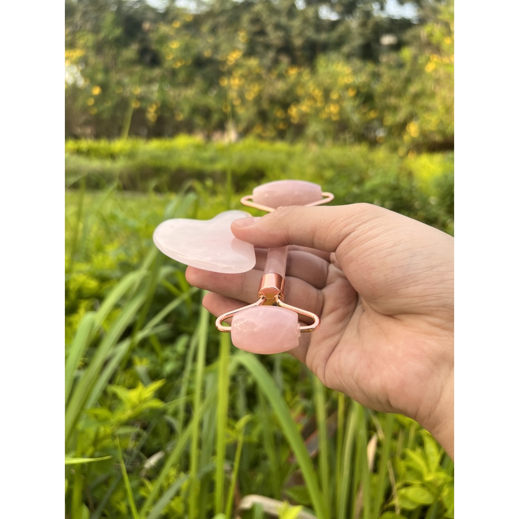 Combo Đá GuaSha và Đá lăn Massage mặt cao cấp màu hồng