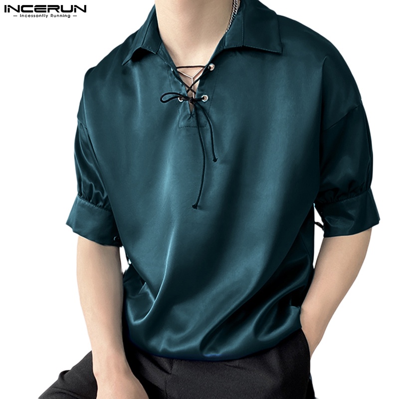 Áo INCERUN vải lụa tay ngắn dáng rộng phối dây cột cỡ S-5XL sành điệu cho nam