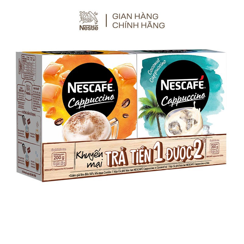 [Mua 1 được 2] Combo Nescafé Cappuccino vị dừa và vị caramel (2 Hộp x 10 gói x 20g)