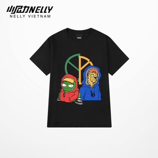Áo thun tay lỡ NELLY cotton dáng unisex in hình ếch và báo