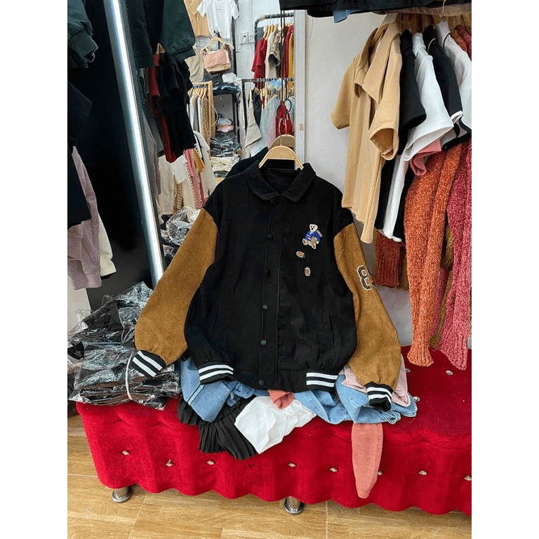 Áo Khoác Nhung Thêu Logo Kiểu BomBer Phối 2 Màu Cực Đẹp TP [NewUnisex]