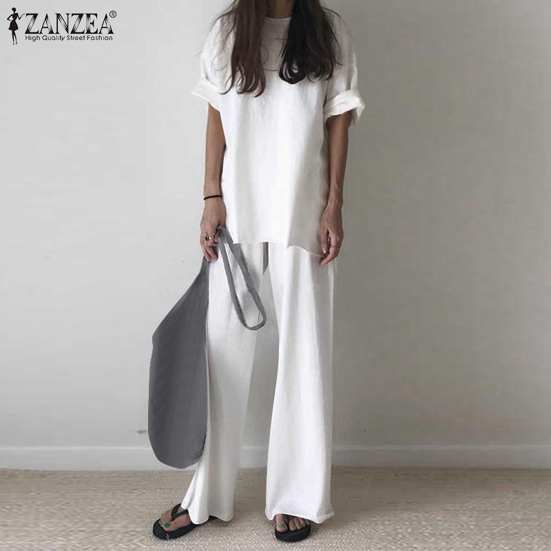 Bộ đồ dáng rộng thường ngày ZANZEA với áo kiểu cổ tròn và quần dài ống rộng eo thun cho nữ