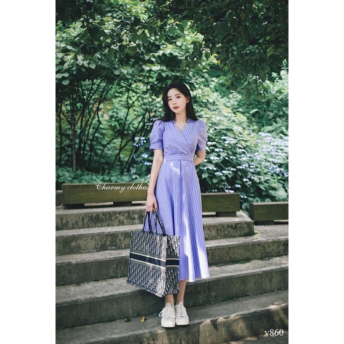 ✨BÁN SỈ✨Đầm kẻ xanh chéo đai eo dài 115cm