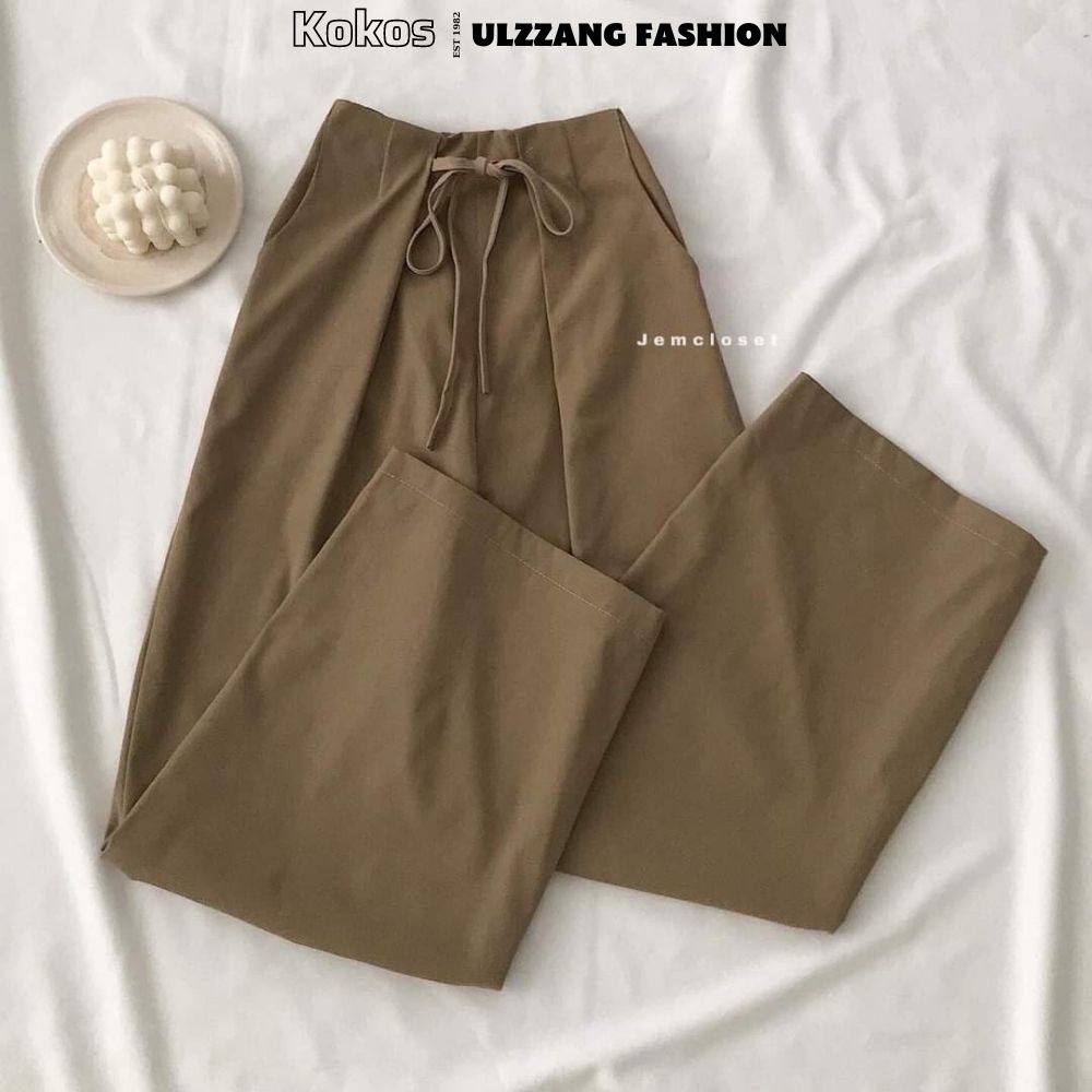 Quần Cullotes ống rộng, cạp cao khoe mông [kokos] Quần lưng cao dây rút, quần ống vintages đen be nâu ulzzang 21196