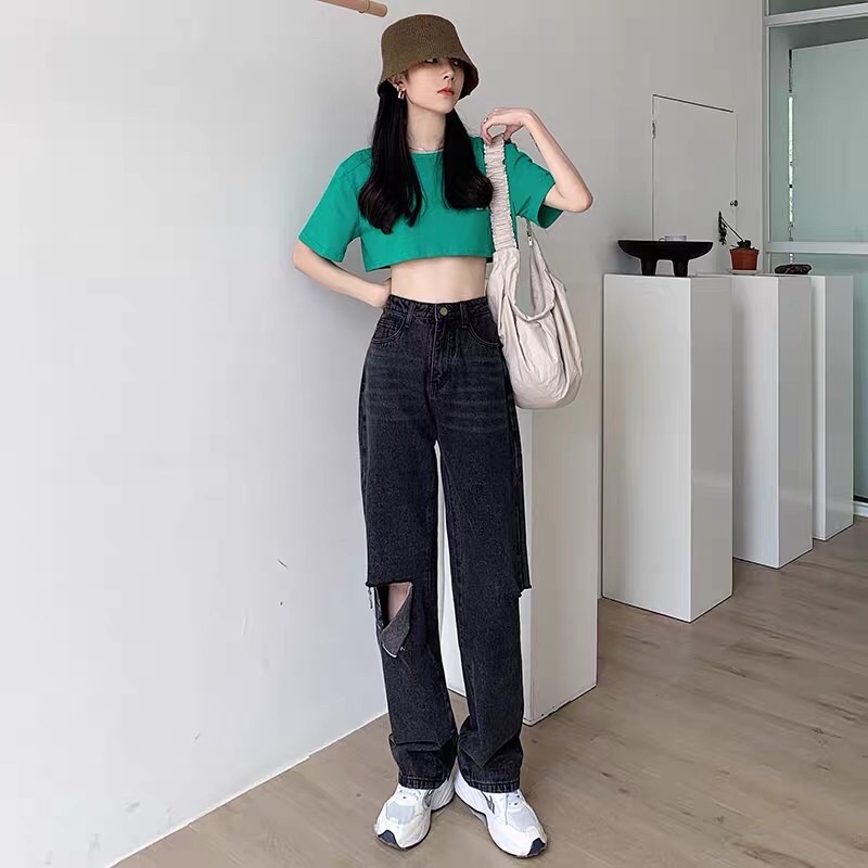 Quần jean đen dài ống rộng rách gối
