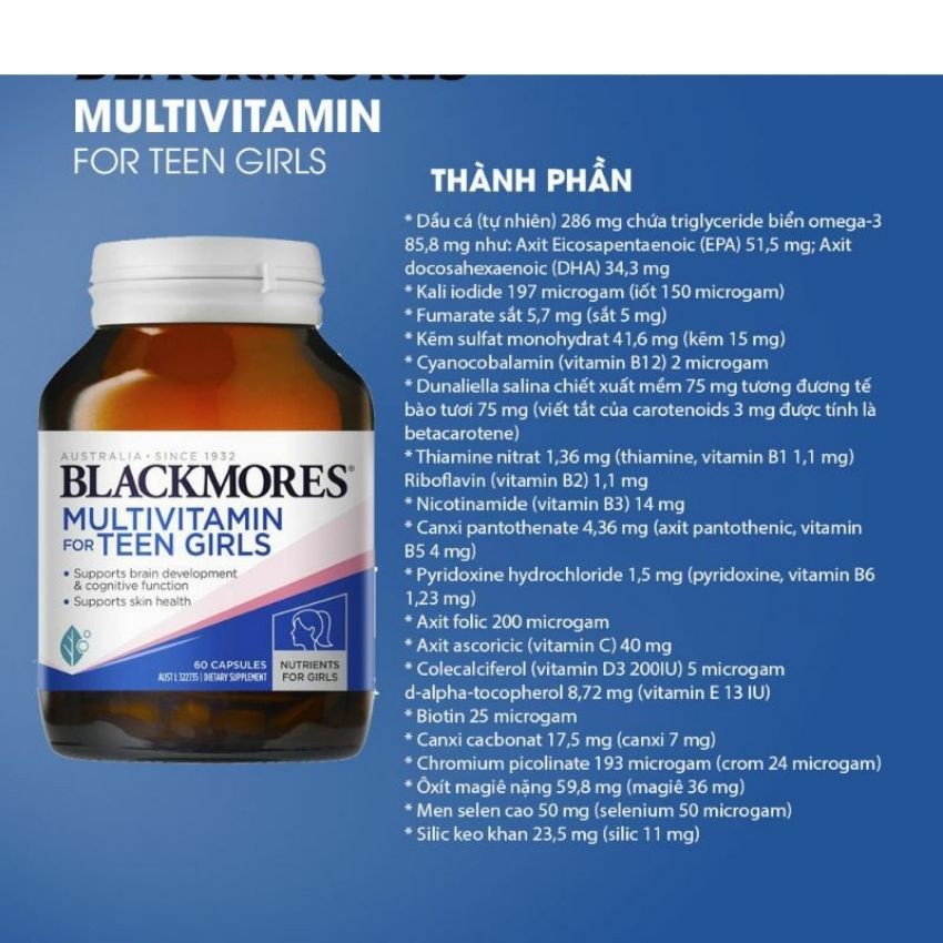 Viên uống dành cho lứa tuổi dậy thì thanh thiếu niên Blackmores Multivitamin For Teen Boys/girls hộp 60 viên của Úc