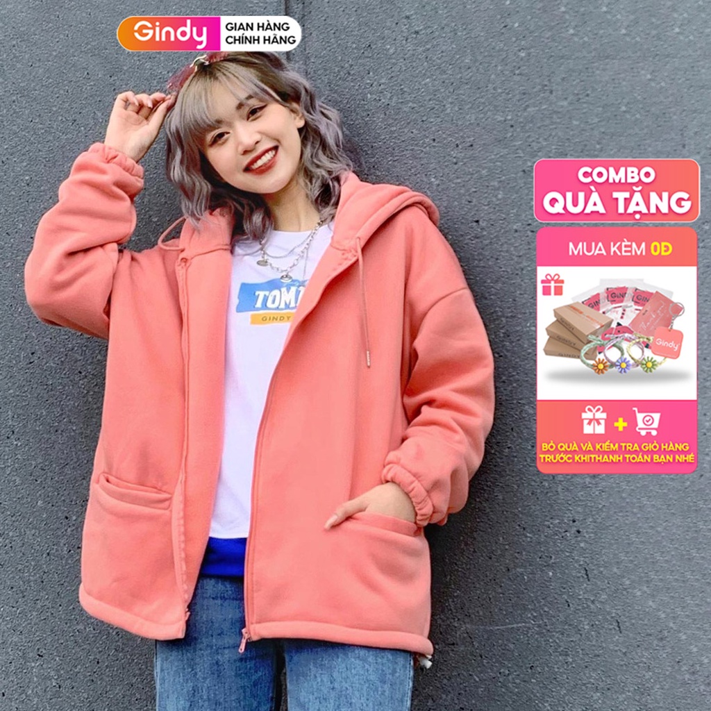 Áo khoác tai thỏ nỉ trơn nữ GINDY hoodie basic form rộng có mũ bo gấu tay phong cách ulzzang thời trang thu đông A10123