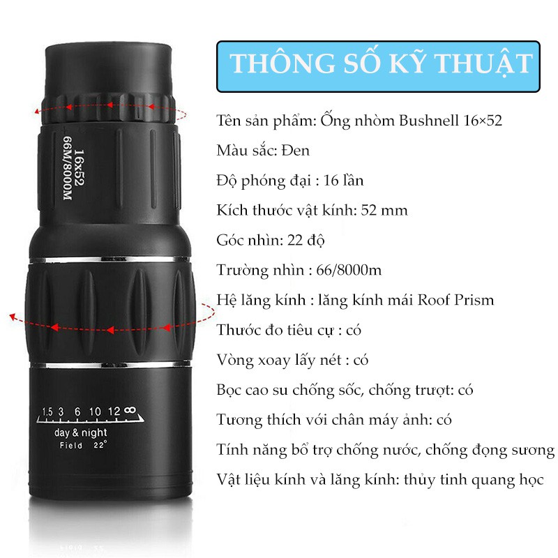 (Video test) Ống Nhòm Bushnell 1 Mắt, Độ Phóng Đại16 Lần, Tầm Ngắm 66-8000M Bảo Hành 12 Tháng - Lỗi 1 Đổi 1 | BigBuy360 - bigbuy360.vn