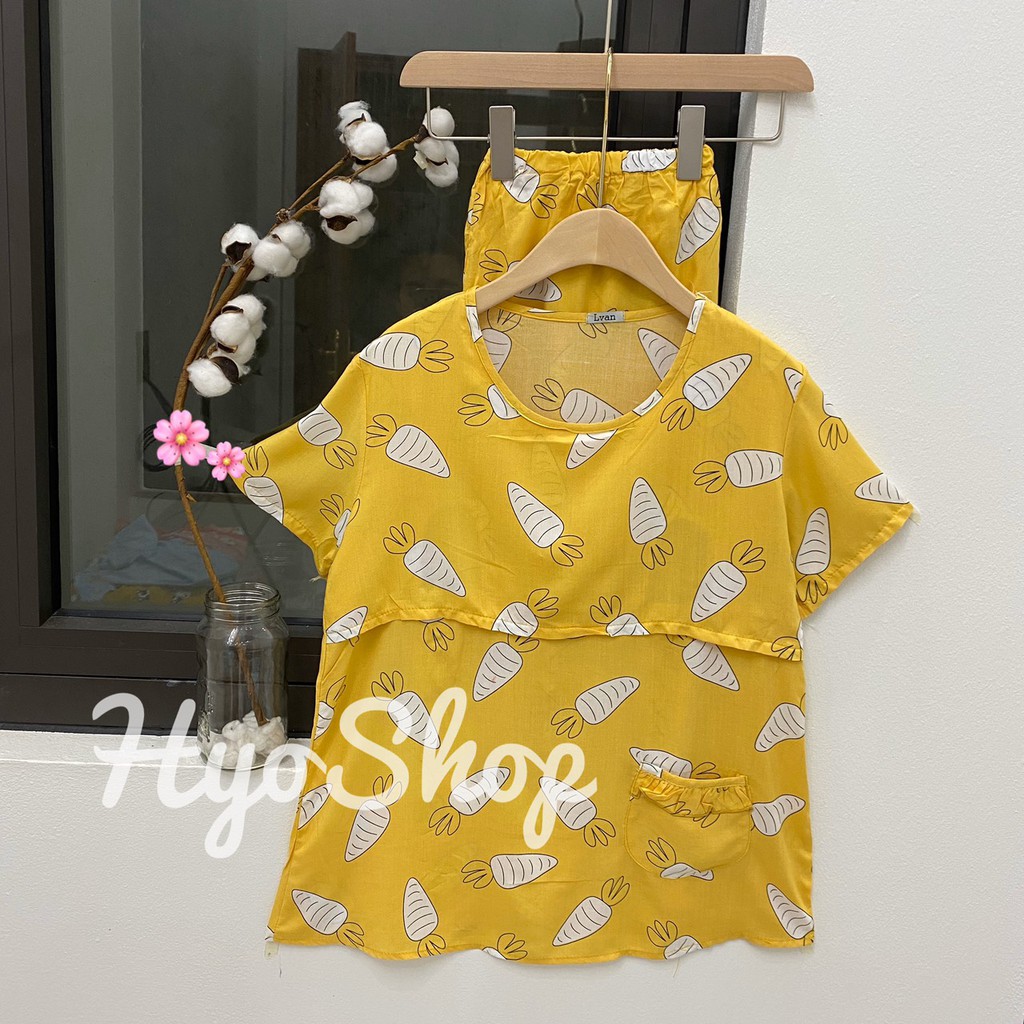 Bộ đồ sau sinh ngắn tay có lắp mở ngực freesize dưới 69kg