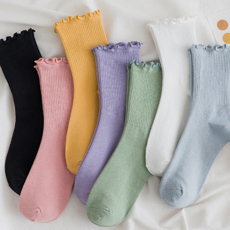 Youyo Vớ Cotton Cổ Thuyền Nhún Bèo Màu Kẹo Trơn Mùa Thu Cho Nữ YOUYO