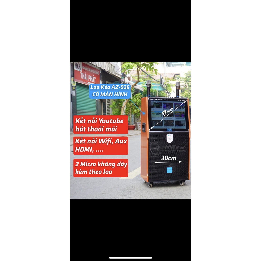 Loa kéo Màn Hình AzPro Bass 40cm AZ 956, 2 Micro UHF, màn hình 17inch, âm thanh sống động, hàng chính hãng