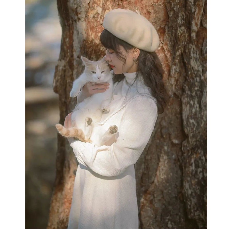 Đầm Trắng Dài Tay Chiết Eo Phong Cách Retro Pháp Thanh Lịch Cho Nữ