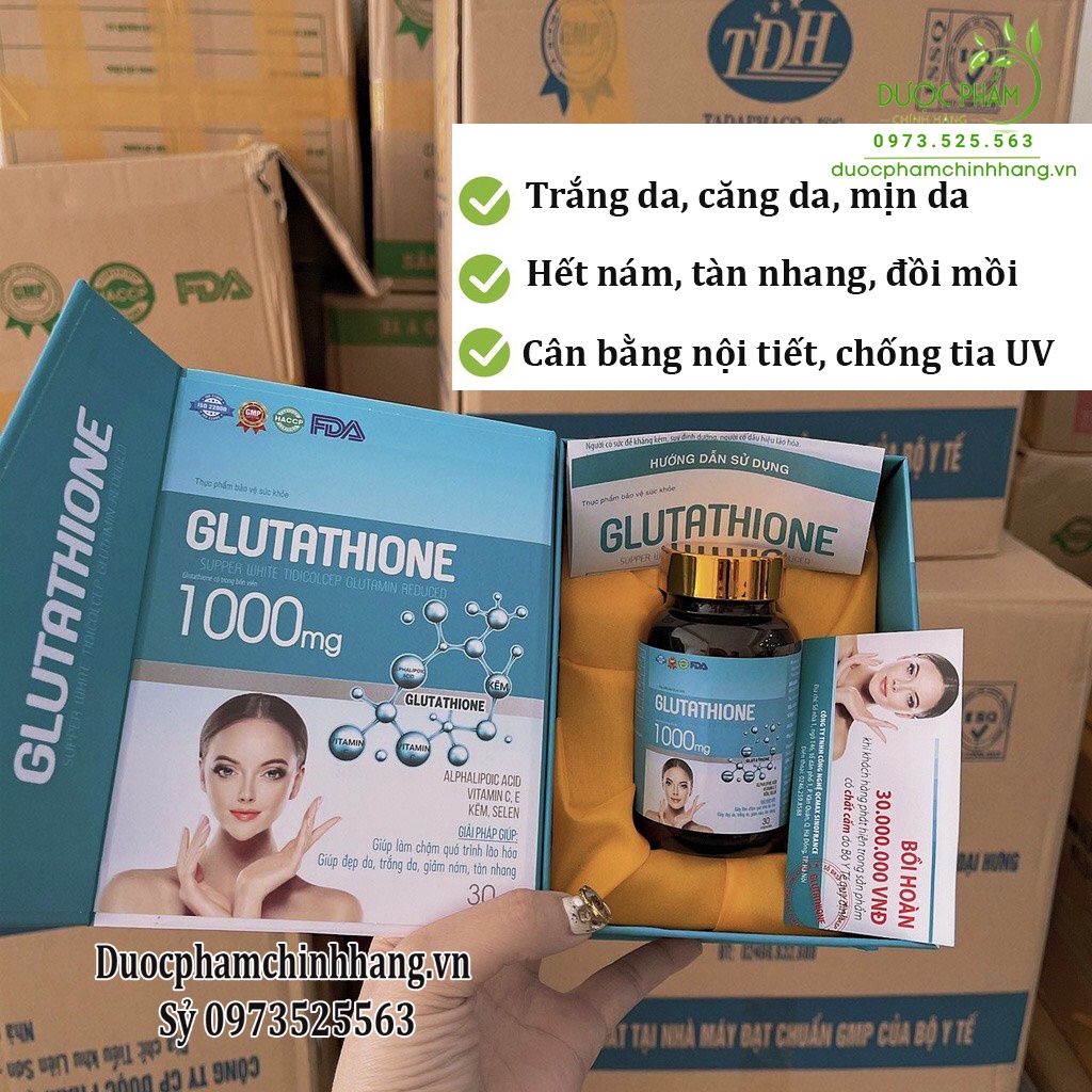 GLUTATHIONE 1000mg nâng tông, trắng da, giảm sạm nám mờ nếp nhăn (sỷ mẫu mới)