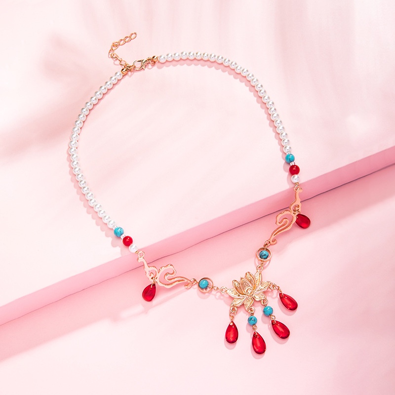 1 Vòng Cổ Mặt Hình Giọt Nước Màu Đỏ Tráng Men Phong Cách Trung Hoa Cổ Điển Mềm Mại Dành Cho Nữ