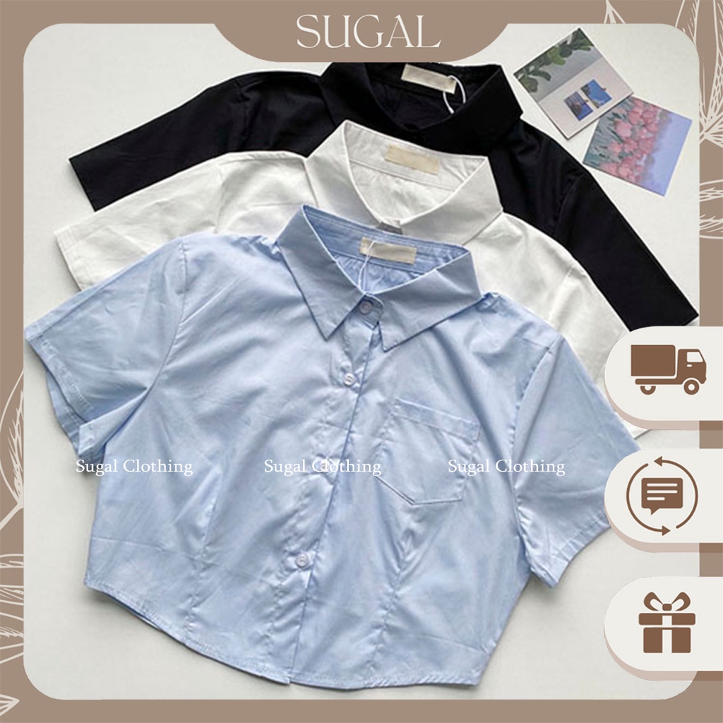 Áo Sơ Mi Croptop Nữ Ngắn Tay Phối Túi Ngực Thời Trang Sugal So Mi Nu 009V1