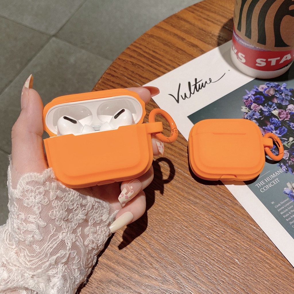 Vỏ bọc TPU mềm dáng vuông màu cam gắn dây đeo bảo vệ thích hợp cho hộp sạc tai nghe Airpods 1 2 3 pro