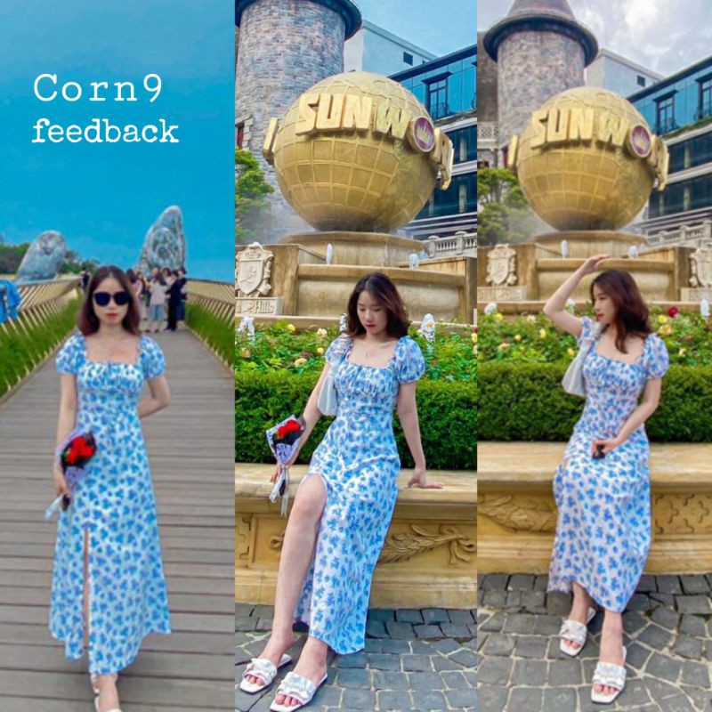 Đầm hoa retro midi nhíu ngực xẻ đùi