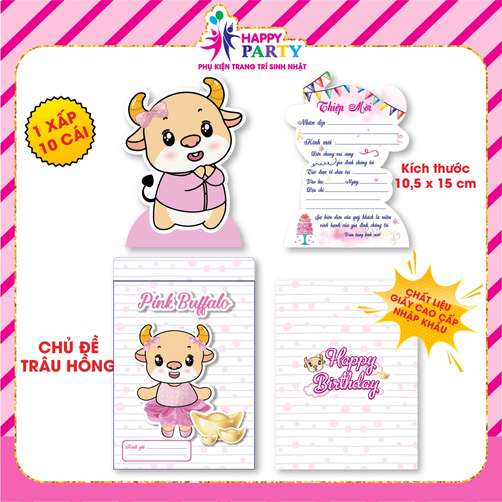 Thiệp sinh nhật, thiệp mời thôi nôi cao cấp cho bé gái HAPPY PARTY giấy nhập khẩu cao cấp kt 10.5 x 15 cm