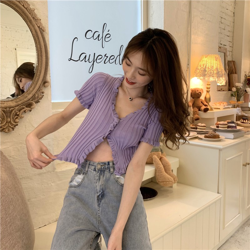 Xiaozhainv Áo Thun Tay Ngắn Màu Trơn Phong Cách Hàn Quốc