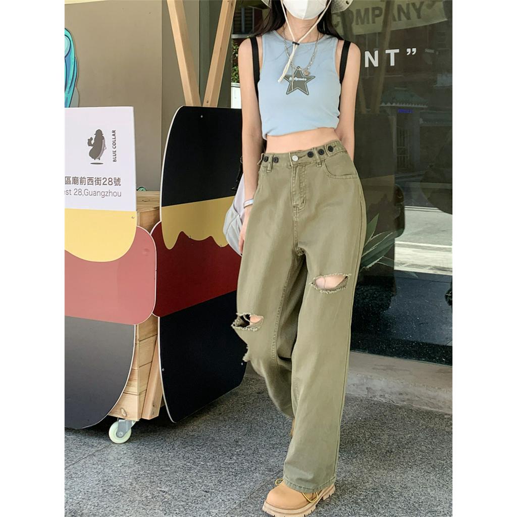 「 WELOVE1 」Quần Jean Dài Dáng Rộng Lưng Cao Phối Rách Kiểu Mỹ Thời Trang Mùa Hè Cho Nữ
