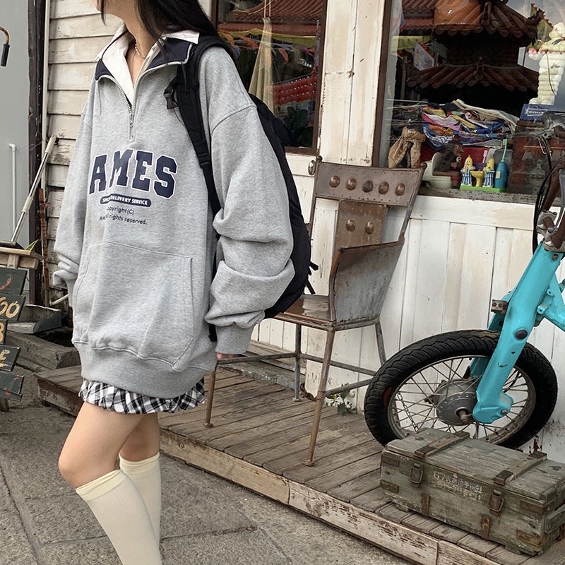 Áo nỉ dài tay cổ polo in chữ AMES form rộng unisex dáng Ulzzang Hàn Quốc
