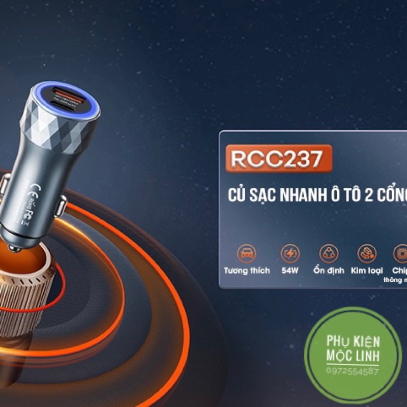 Củ sạc nhanh ô tô 2 cổng QC+PD 54W Remax RCC-237 Tẩu chân USB Type C điện thoại tự ngắt BH 1 đổi 1 chính hãng