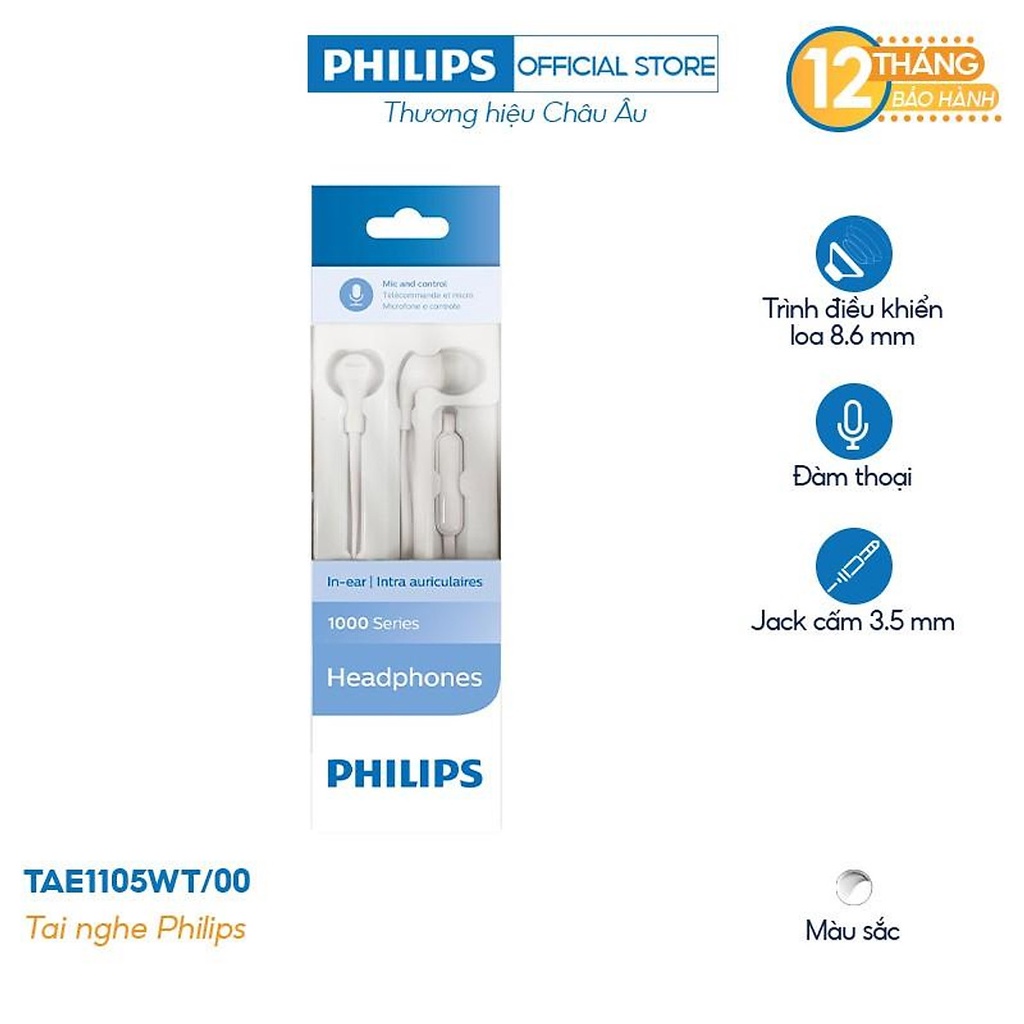 Tai nghe nhét tai Philips TAE1105WT/00 - Màu trắng - Hàng Chính Hãng