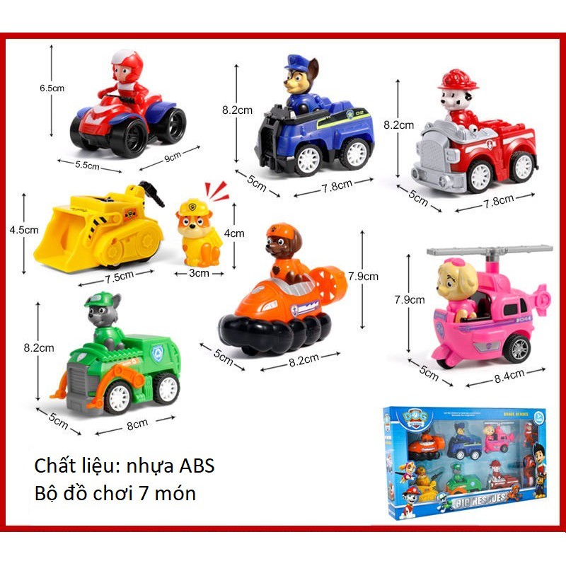 [ĐỒ CHƠI HOT] Bộ đồ chơi mô hình PAW PATROL đội chó cứu hộ 7 món cho bé độc đáo nhiều nhân vật lắp ráp tháo rời khỏi xe