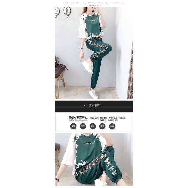 Set đồ thể thao 2 món Áo tay ngắn dáng rộng phối Quần dài thời trang cá tính cho nữ (có bán lẻ)