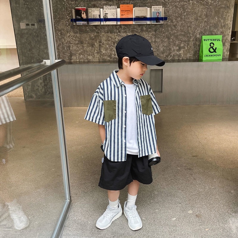 Áo Sơ Mi Cotton Ngắn Tay Họa Tiết Kẻ Sọc Thời Trang Mùa Hè Cho Bé Trai