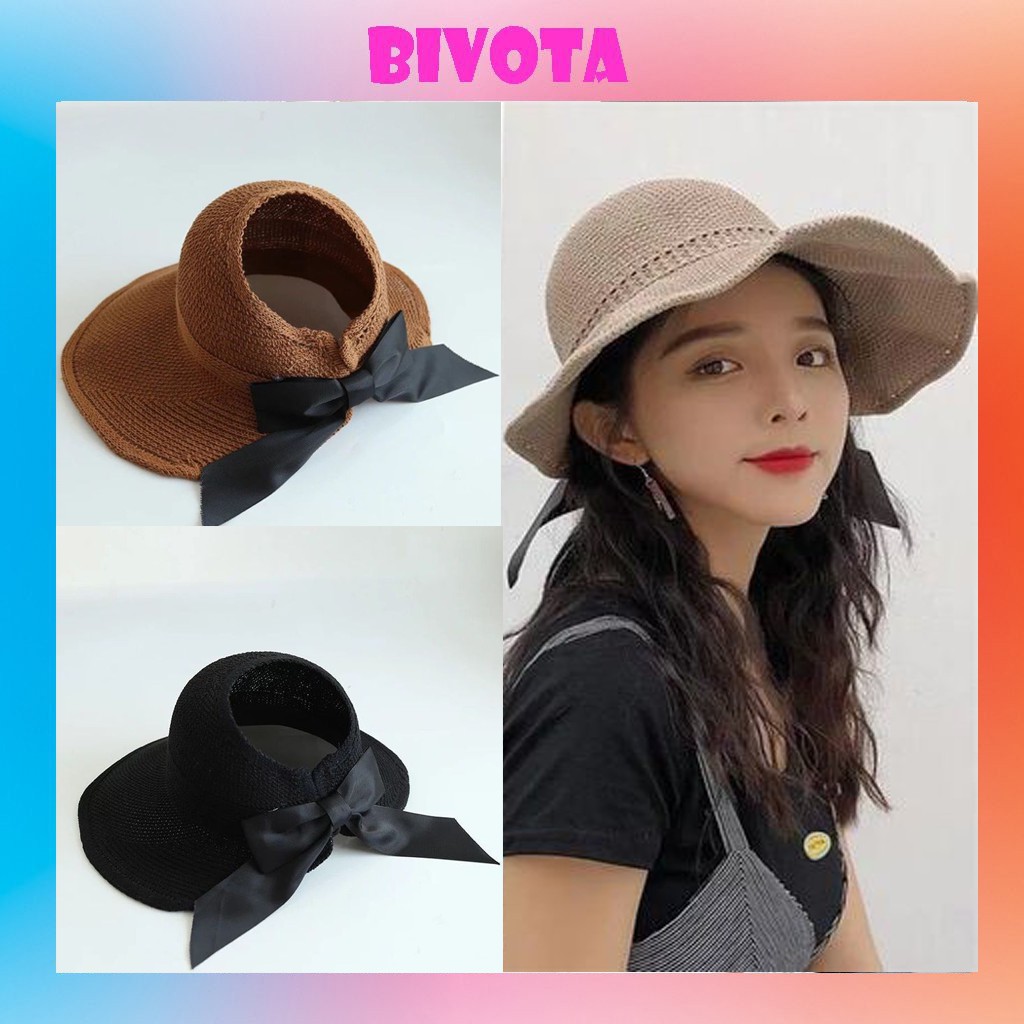 Mũ Bivota nón cói rộng vành hở chóp kèm nơ phong cách Hàn Quốc đi biển MN10