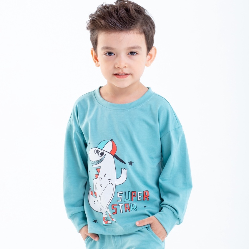 Bộ bé trai dài tay chất cotton dày dặn in hình khủng long ngộ nghĩng thời trang cao cấp Beddep Kid Clothes BB18