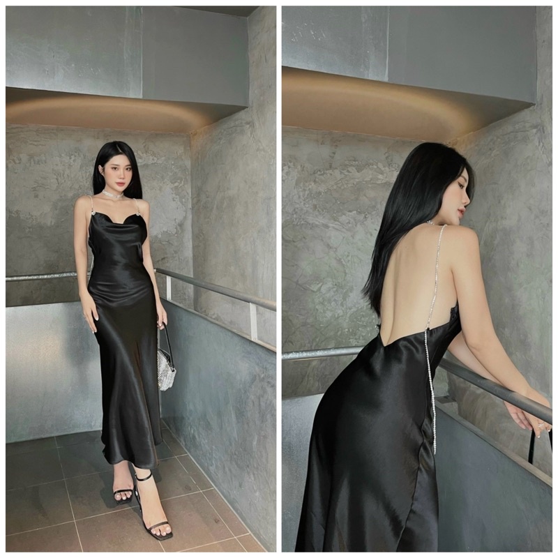 Đầm maxi 2 dây đá đen