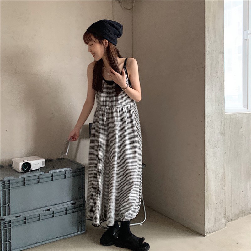 Đầm 2 dây Midi dài Kẻ sọc caro Cổ tim Kiểu Pháp Váy Maxi dài Cổ V Form rộng Mùa Hè Thời trang | BigBuy360 - bigbuy360.vn