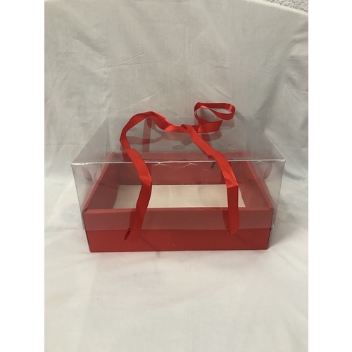 Hộp để trái cây/quà tặng màu đỏ nắp mica/mặt kiếng có quai xách kt 36x28x16,5cm/hộp