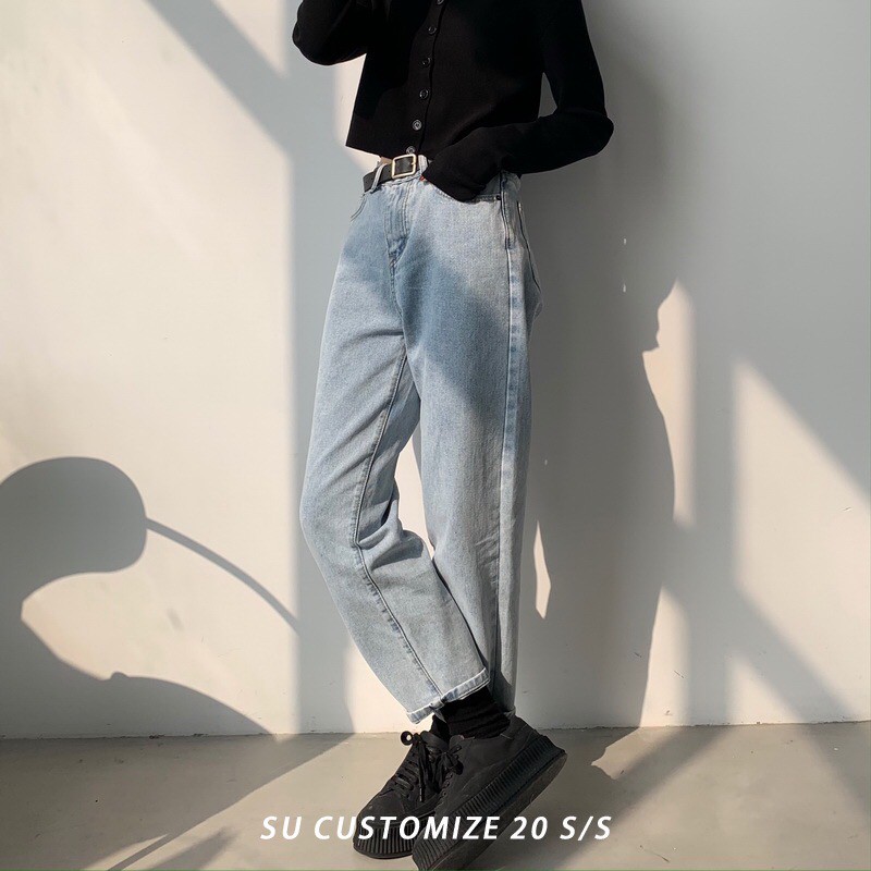 (Size 30-36) Quần Baggy Jean Cotton Trơn - Lưng Cao Trên Rốn - Không Giãn Xanh Đá Thời Trang