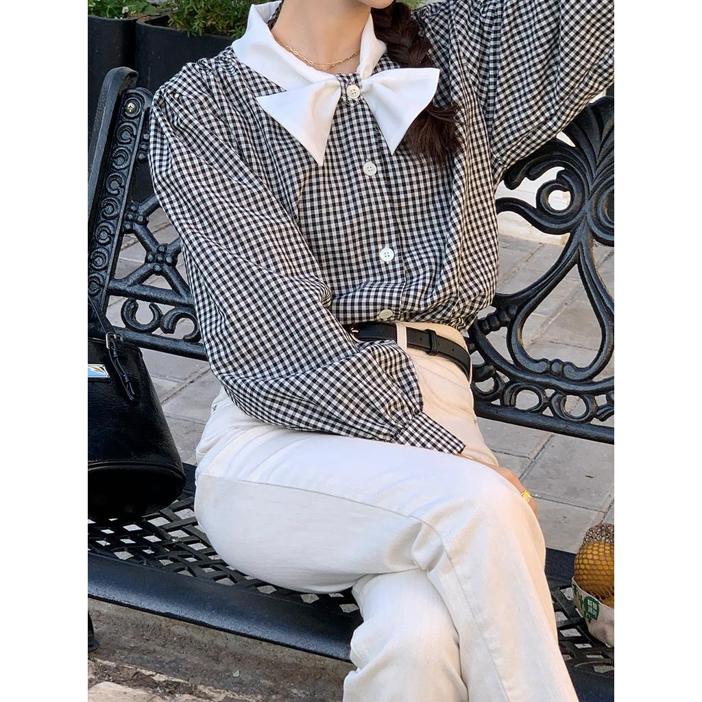 Áo Sơ Mi Dài Tay Rộng Thắt Nơ Màu Sắc Tương Phản 60802