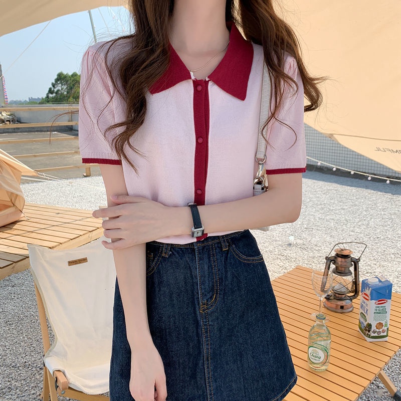 Áo Cardigan Dệt Kim Tay Ngắn Cổ Polo Màu Sắc Tương Phản Phong Cách Hàn Quốc