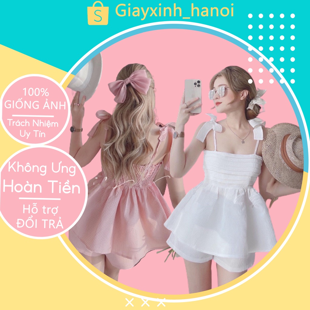 Set Áo 2 Dây Bo Eo Bèo Tầng Dập Ly Ở Giữa Kèm Quần Short Vải Xốp Nhiều Màu Dành Cho Nàng Đi Chơi Đi Biển