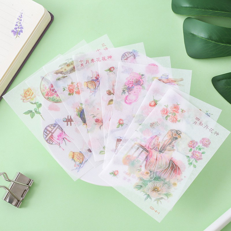 Enjoymore ✨ Set 4 Tấm Washi Sticker Cổ Trang Trung Hoa Xinh Xắn Hình Dán Trang Trí Sổ tay Scrapbook, Bullet journal