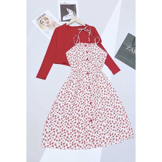 Set váy hai dây hoa hồng cúc bọc xòe dài mix áo len tăm đỏ tiểu thư loại 1 | BigBuy360 - bigbuy360.vn