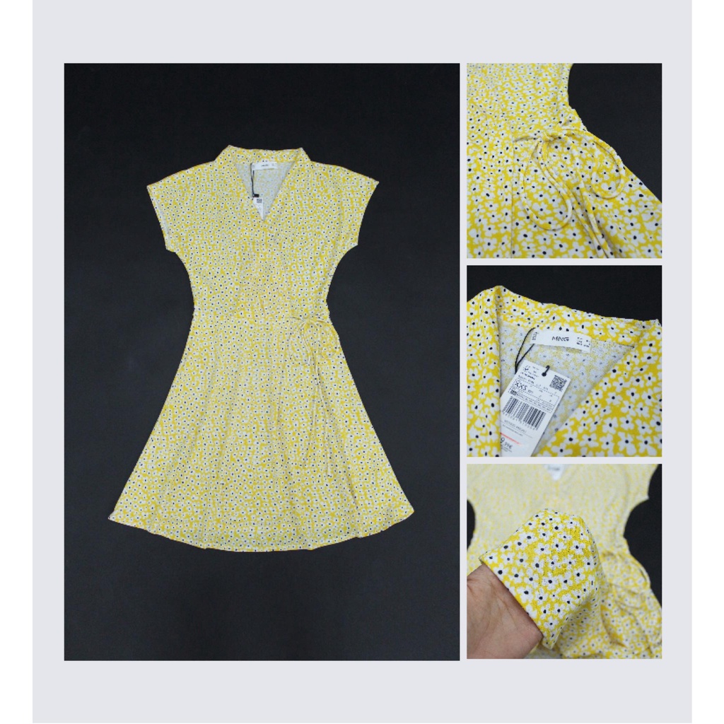 Q9252 - Đầm thun Mango đắp chéo tay con cột nơ in hoa