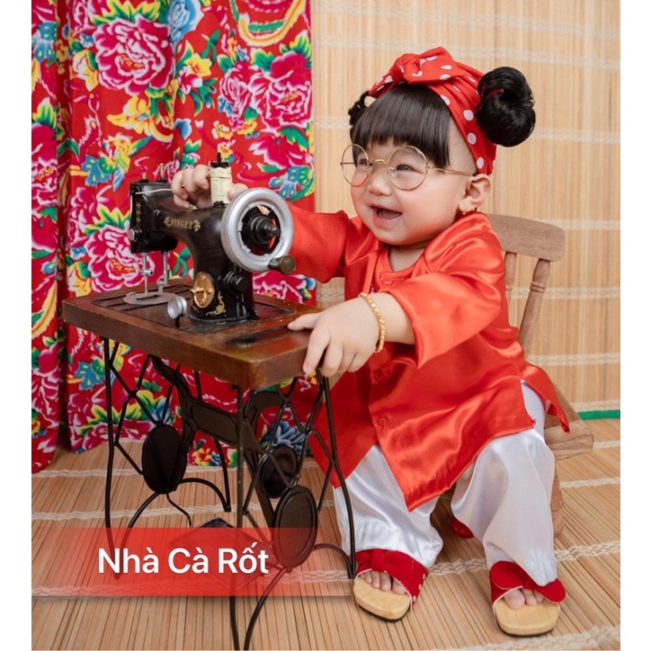 Set bà ba đỏ lụa hàng may thiết kế cho bé