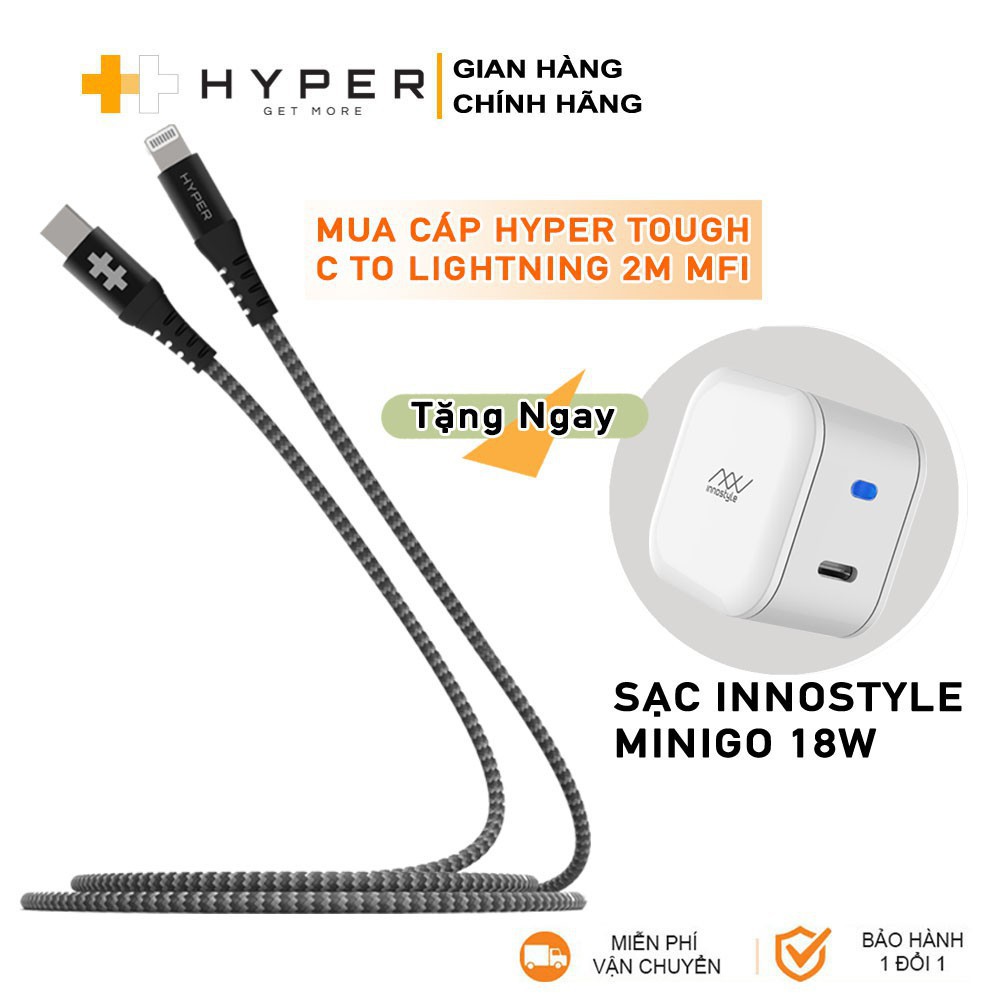 [Mã 2404EL10K giảm 10K đơn 20K] COMBO - Cáp MFI HyperDrive Tough C to Lightning 2m tặng củ Innstyle MiniGO 18W