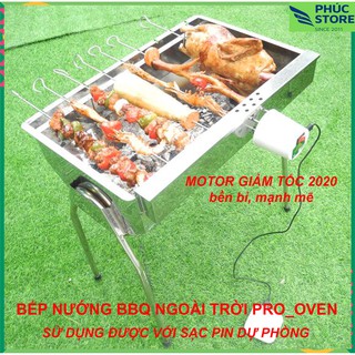 Bếp nướng BBQ ngoài trời cỡ trung, Motor giảm tốc mạnh mẽ siêu bền, Inox 100%, Tự xoay, Tự nướng. Dùng được pin dự phòng