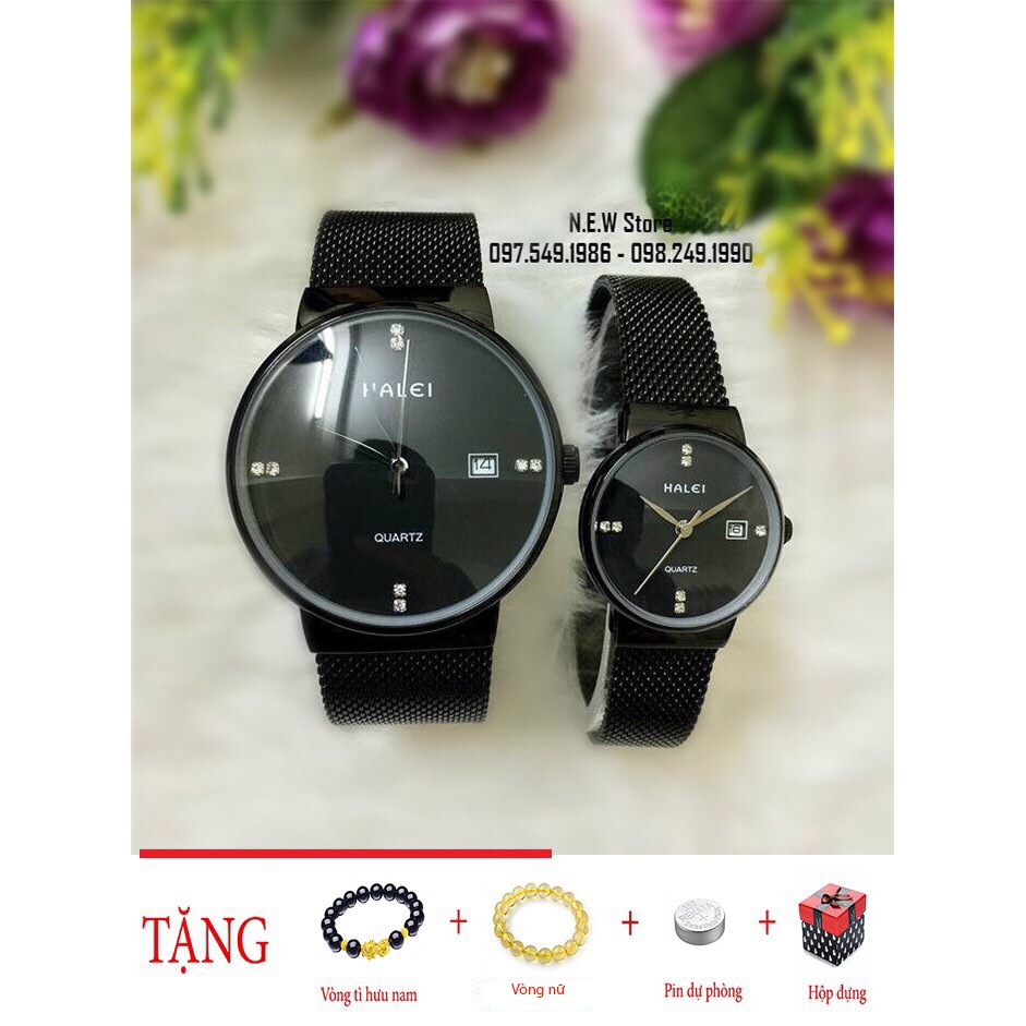 Đồng hồ cặp đôi dây thép lụa Halei Black