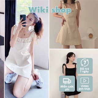 Váy thắt nơ vai nhún ngực 2 màu - Váy hai dây buộc nơ vai hở lưng dáng xòe phom rông chất thô giá siêu rẻ C292