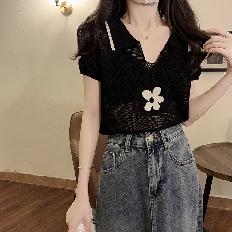 Áo thun polo NZN dệt kim tay ngắn phong cách retro thời trang dành cho nữ