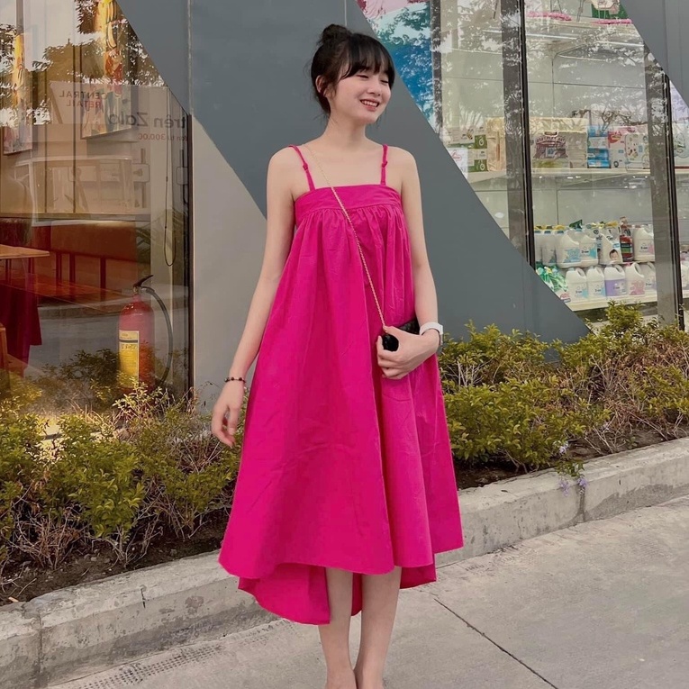 Đầm maxi 2 dây chun ngực đi biển váy đuôi tôm 2 màu xanh hồng, váy maxi dáng dài - Tira V1607